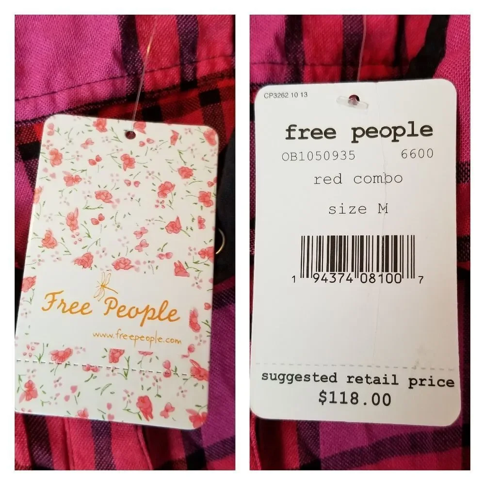 Free People We The Free Red Combo Pacific Dawn Button Down Plaid Shirt Sz‎ M NWT